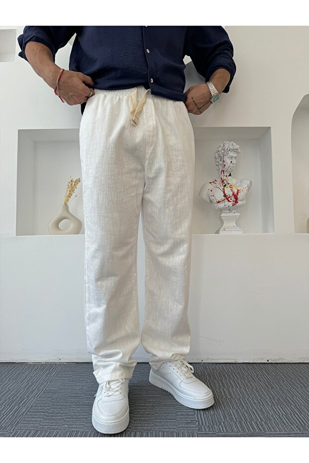 Beyaz GG Baskılı Baggy Keten Pantolon - 3