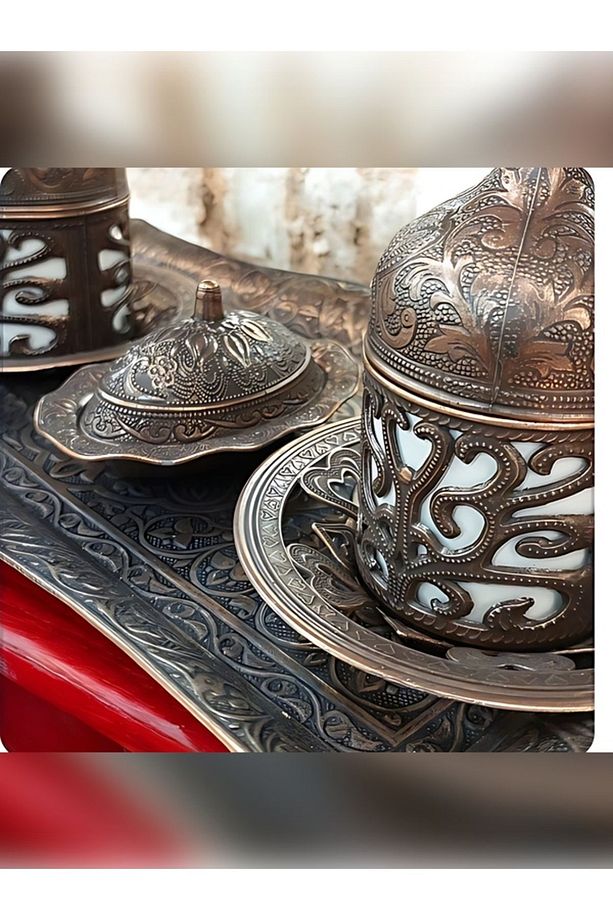Bakır Fincan Takımı Gümüş - Bakır Osmanlı Desenli Motifli Türk Kahvesi Kahve Fincanları - 4
