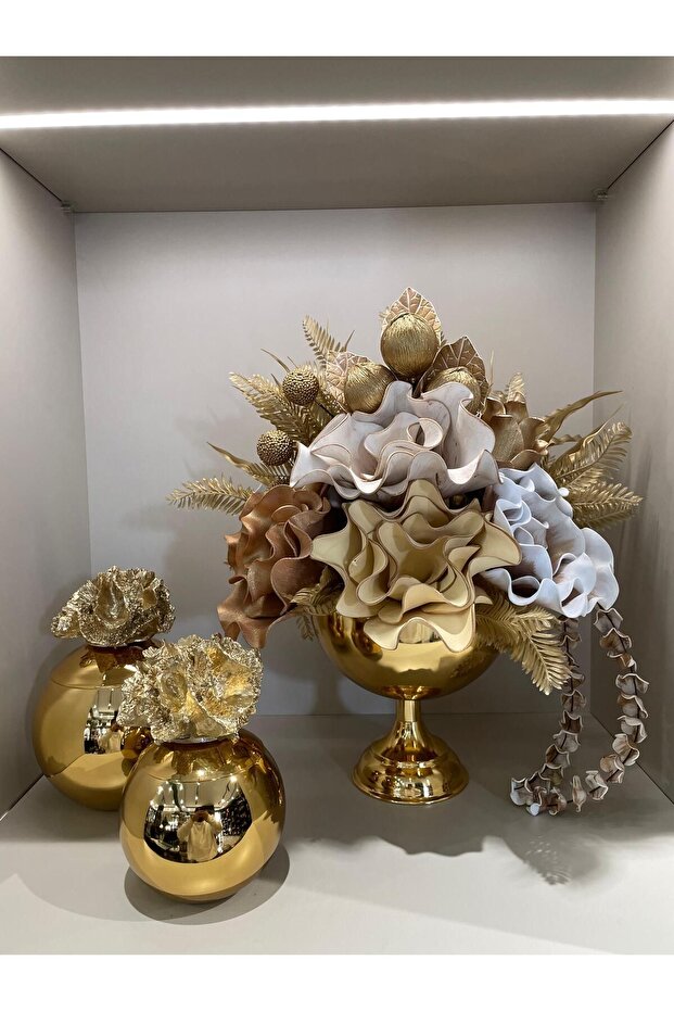 Yapay Çiçekli Gold Yuvarlak Vazo 3 Parça Set No:1 - 1