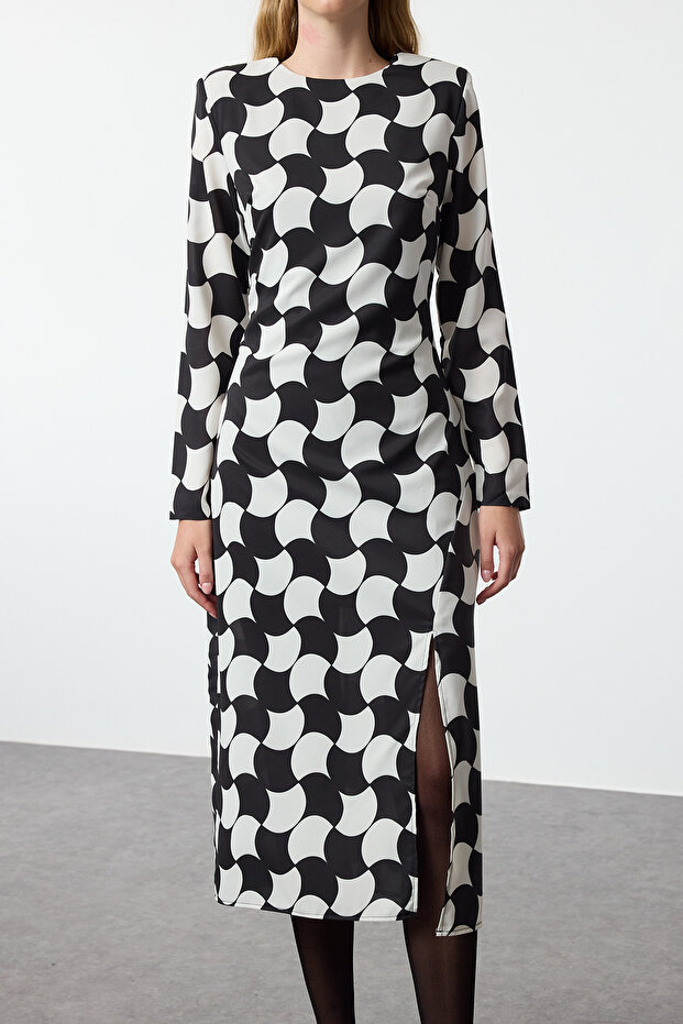 Limited Edition Siyah Geometrik Desenli Düz Kesim Midi Dokuma Elbise TWOAW25EL00290 - 9
