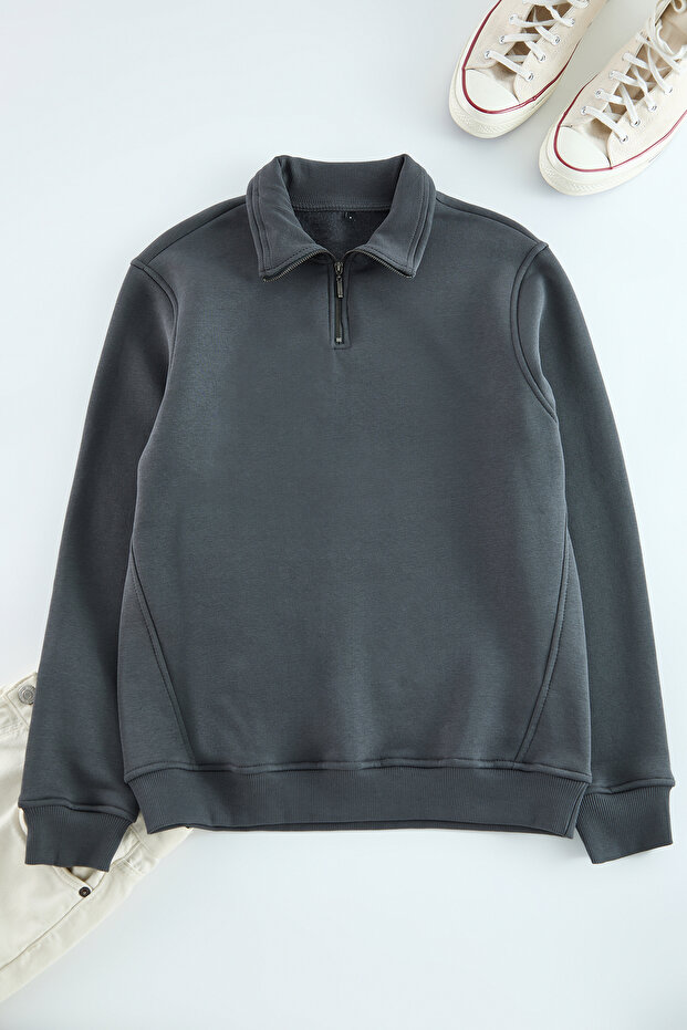 Antrasit Regular/Normal Kesim Dik Yaka Fermuarlı Sıcak Tutan Basic Sweatshirt TMNAW24SW00041 - 6