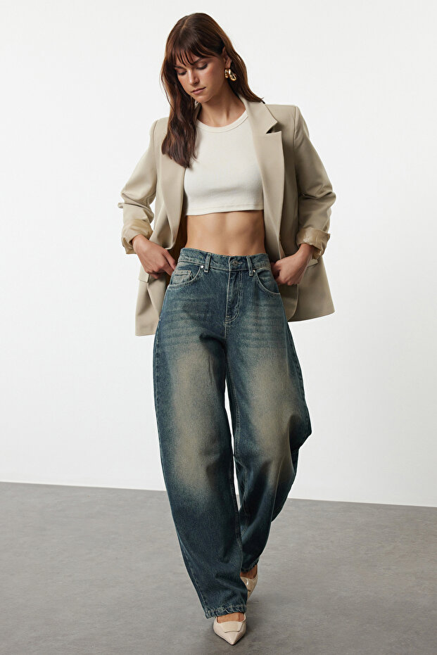 More Sustainable Koyu Mavi Normal Bel Loose Baggy %100 Pamuk Non-Stretch Jeans TWOAW25JE00140 - 5