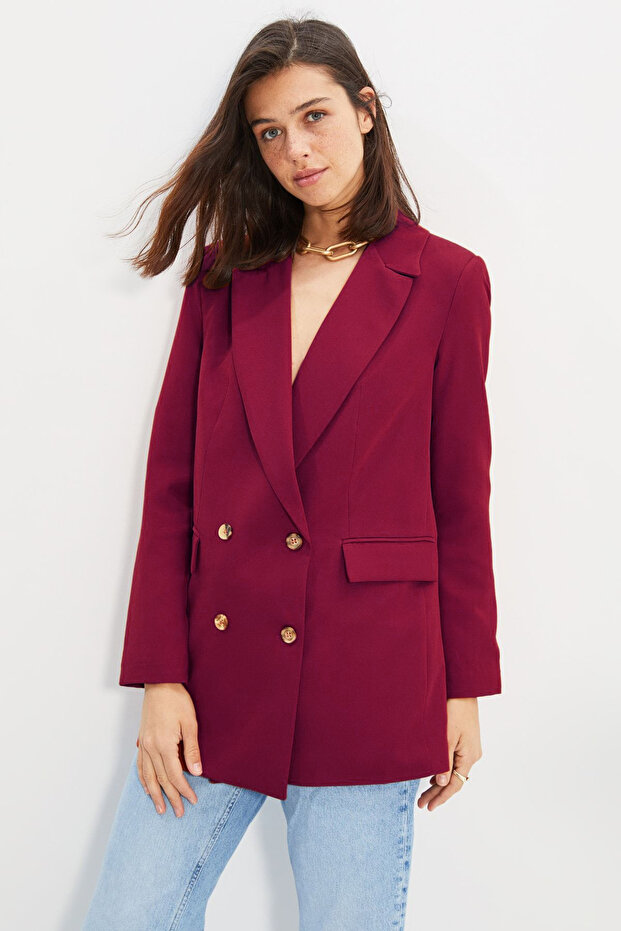 Bordo Oversize Astarlı Düğmeli Dokuma Blazer Ceket TWOAW22CE0167 - 1