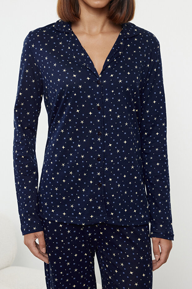 Lacivert %100 Pamuklu Galaksi Desenli Örme Pijama Takımı THMAW25PT00097 - 3