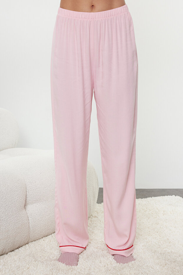 Pembe Kalp Nakışlı Biyeli Viskon Dokuma Pijama Takımı THMAW25PT00179 - 4