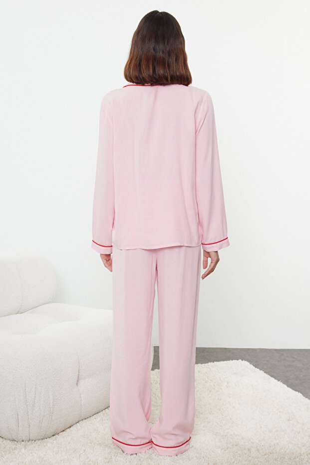 Pembe Kalp Nakışlı Biyeli Viskon Dokuma Pijama Takımı THMAW25PT00179 - 5