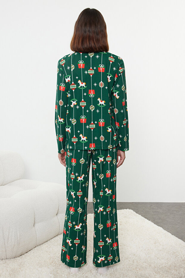 Yeşil %100 Pamuklu Yılbaşı Temalı Örme Pijama Takımı THMAW25PT00172 - 5