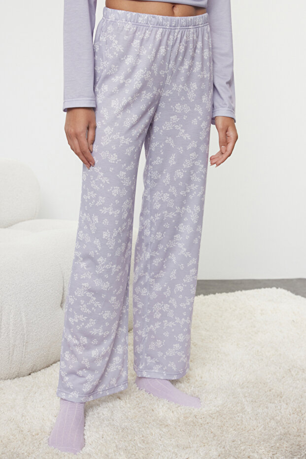 Lila %100 Pamuklu Çiçekli Örme Pijama Takımı THMAW25PT00187 - 5