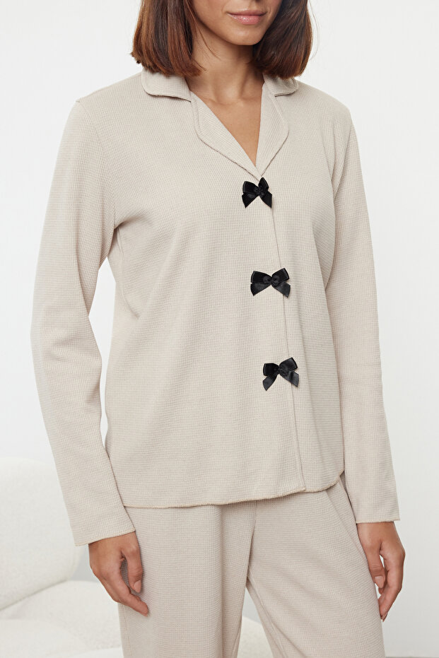 Bej Kurdele/Fiyonklu Waffle Kumaş Örme Pijama Takımı THMAW25PT00195 - 4