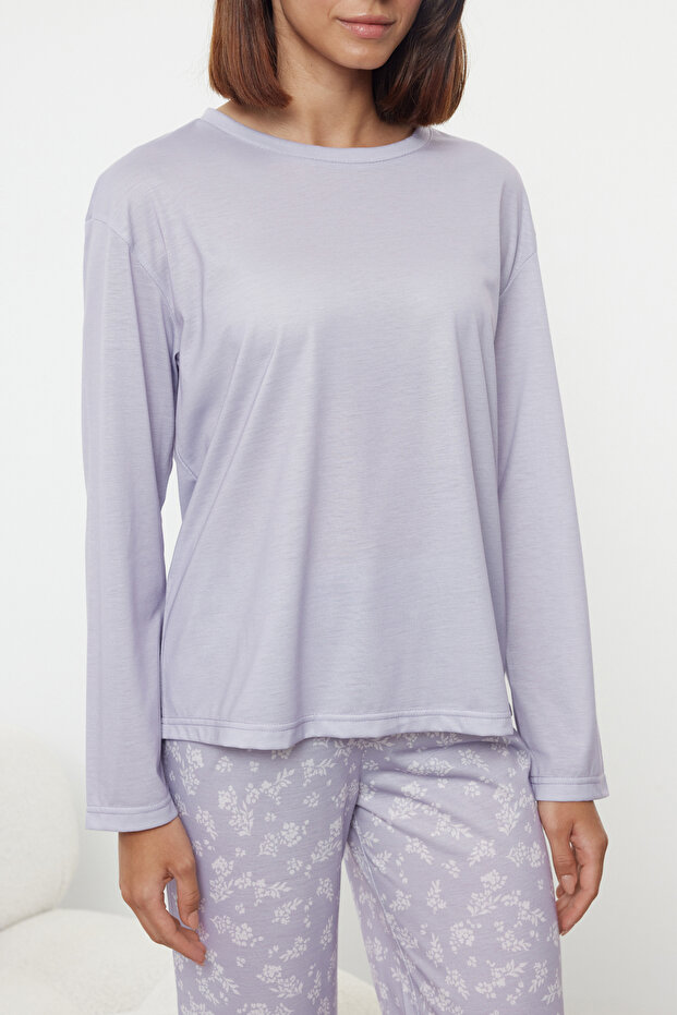 Lila %100 Pamuklu Çiçekli Örme Pijama Takımı THMAW25PT00187 - 4