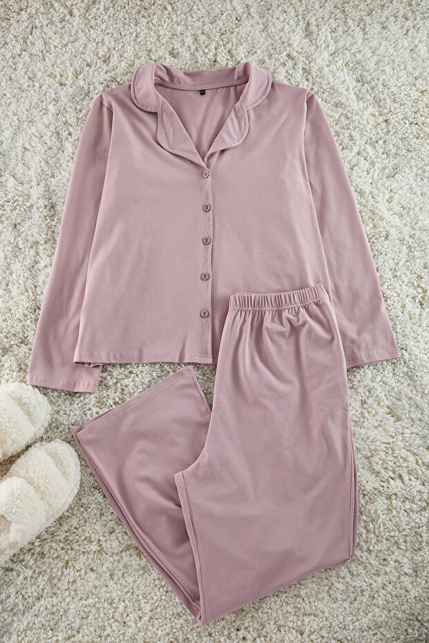 Shirt Collar Dark Knitted Pajama Set - Piping TBBAW25AI00009