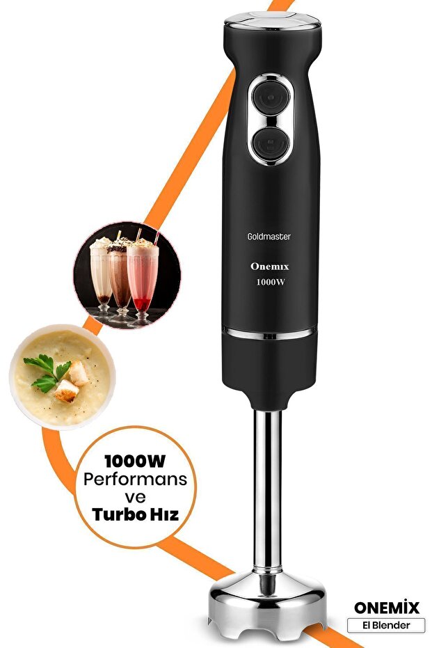 Onemix Black 1000 Watt Speed Adjustable Stainless Steel Hand Blender with 4 Blades