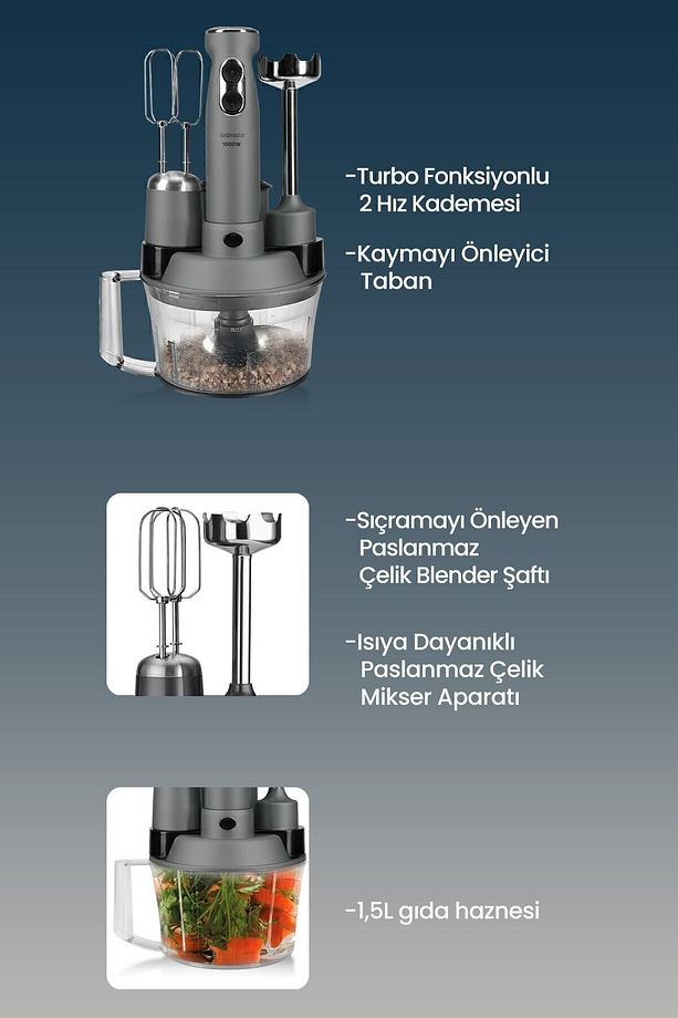 Elenamax Antrasit 1000 Watt Hız Ayarlı %100 Bakır Motor 5 In 1 Mutfak Robotu Multi Blender Seti - 2