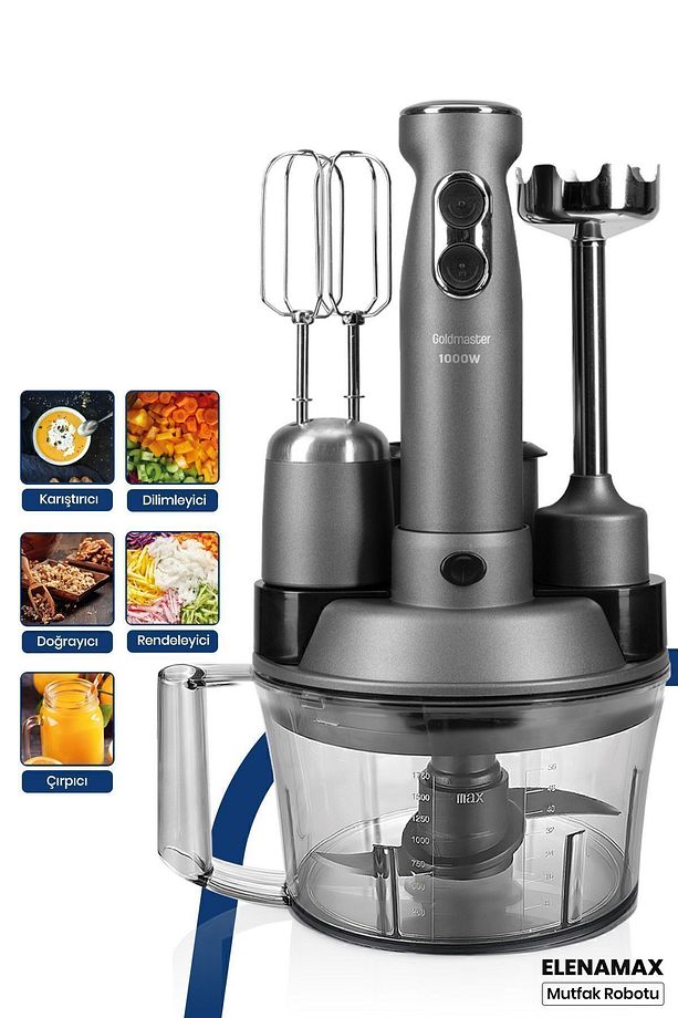 Elenamax Antrasit 1000 Watt Hız Ayarlı %100 Bakır Motor 5 In 1 Mutfak Robotu Multi Blender Seti - 1