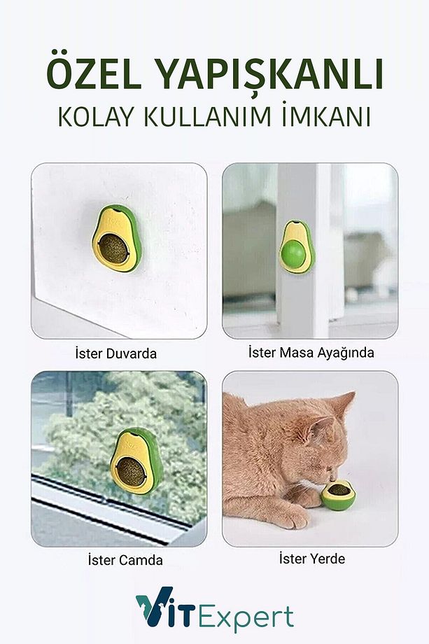 Doğal & Yenilebilir Kedi Nanesi Otu Avokado Kedi Çimi Özel Yapışkanlı 360° Dönen Catnip Yalama Topu - 3