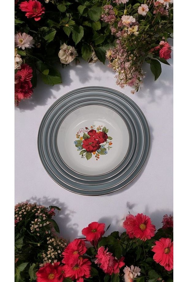 Emaye Muhallebi Yemek Kahvaltı Tabak Desenli Kase , Çukur Tabak, Salata Tabak, Cips Tabak 5li Set - 1