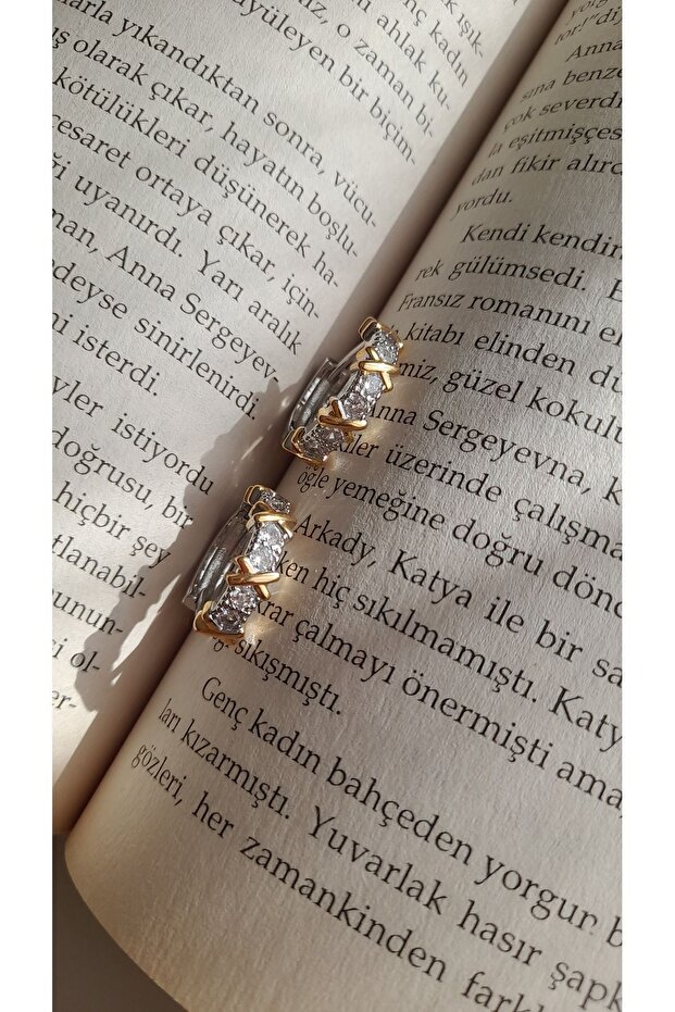 STEEL X SILVER GOLD ZIRCON STONE HOOP EARRINGS