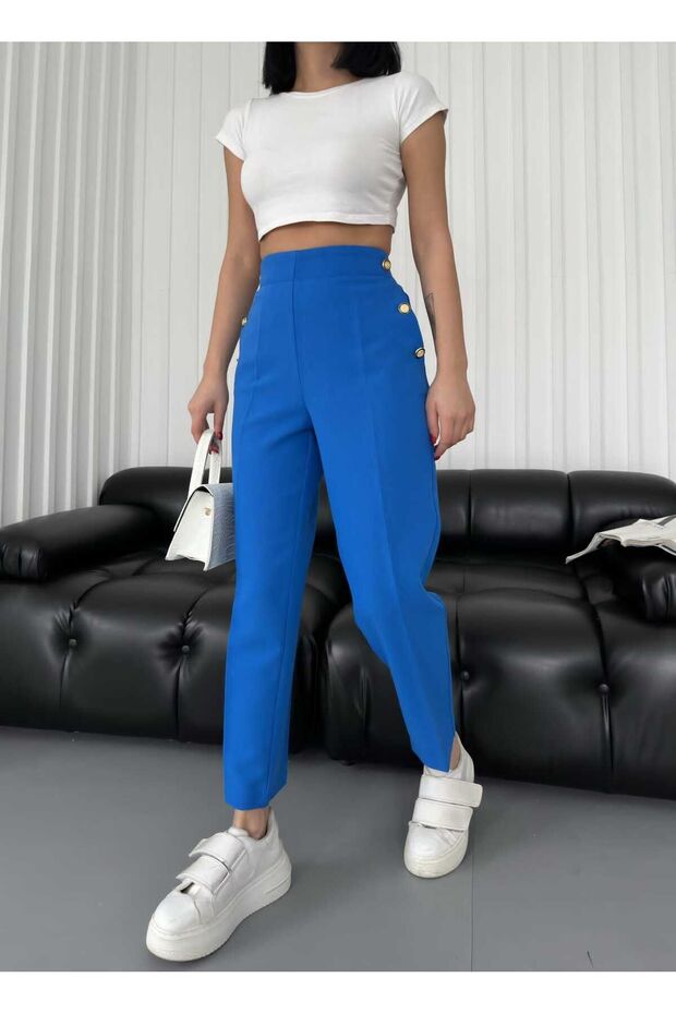 -3053 WOMEN'S WAIST RUBBERED FRONT POCKET BUTTON DETAIL SLIM TROUSERS