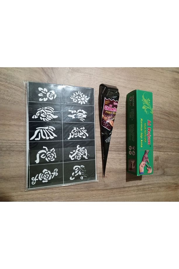 Hint Kınası Paketi - 1adet kırmızı 25 gr Al Najam + 1Adet Al Changhi Siyah  ve 4 adet mini şablon - 1
