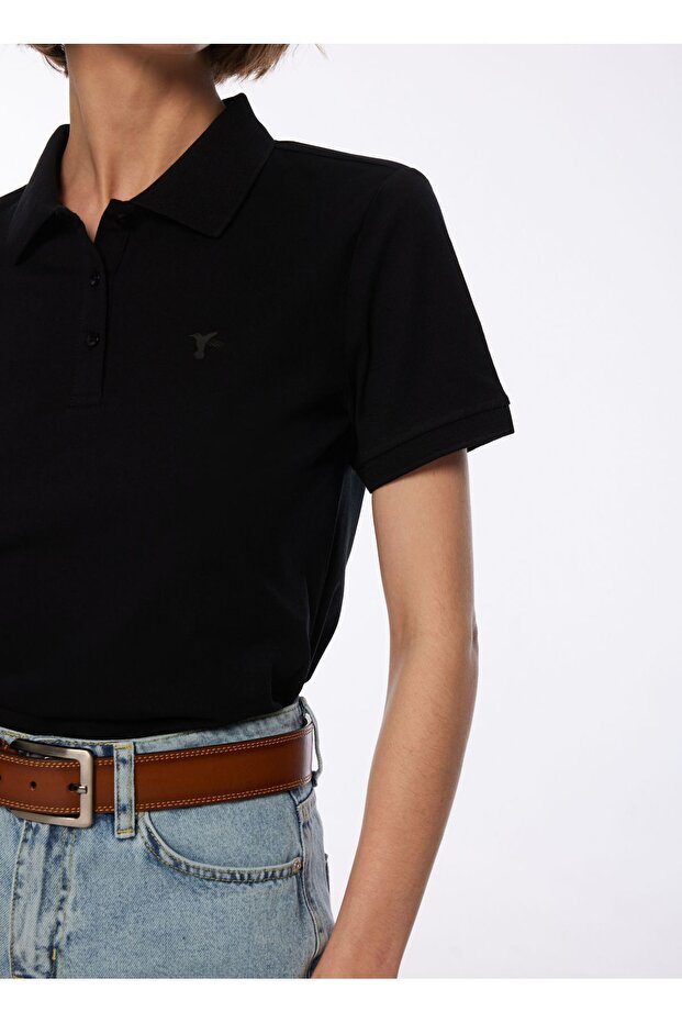Siyah Kadın Polo Yaka Basic T-Shirt DEEP - 4