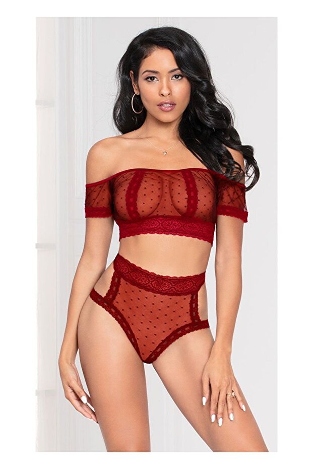Red Polka Dot Tulle and Lace Laundry Bustier Panty Set