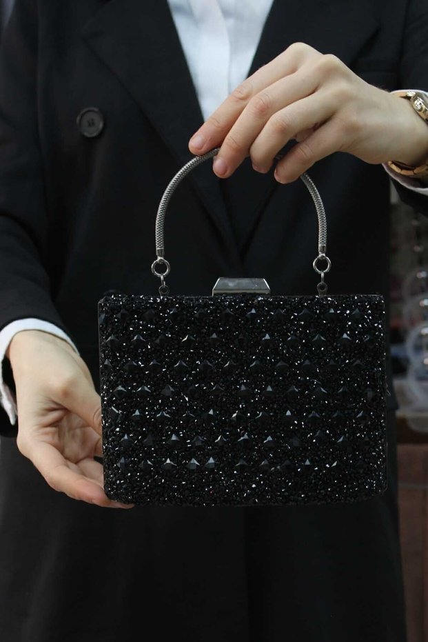 Women's Black Stoned Evening Dress Clutch Portfolio Bag