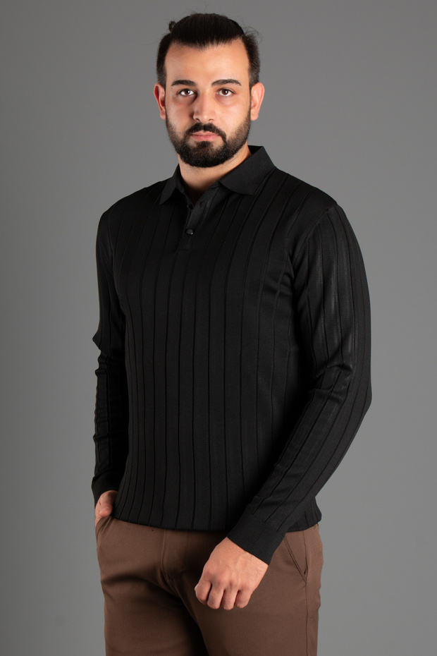 Men's Black Textured Striped Polo Knitwear Sweater
