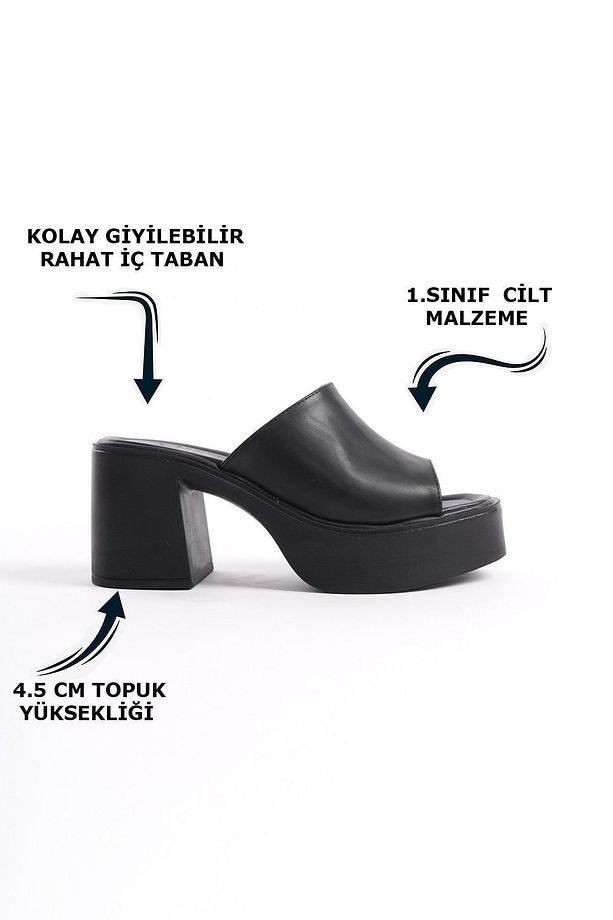 Siyah Yüksek Dolgu Topuklu Suni Deri Tek Kalın Şeritli Önü Açık Yazlık Kadın Terlik Sandalet - 2