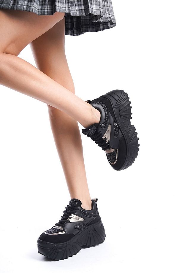 Siyah Cilt Süet Parlak Taş Detaylı Bağcıklı Yüksek Taban Günlük Kadın Sneaker Spor Ayakkabı - 6