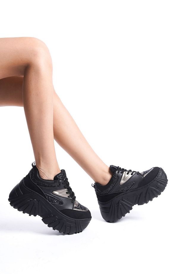 Siyah Cilt Süet Parlak Taş Detaylı Bağcıklı Yüksek Taban Günlük Kadın Sneaker Spor Ayakkabı - 3