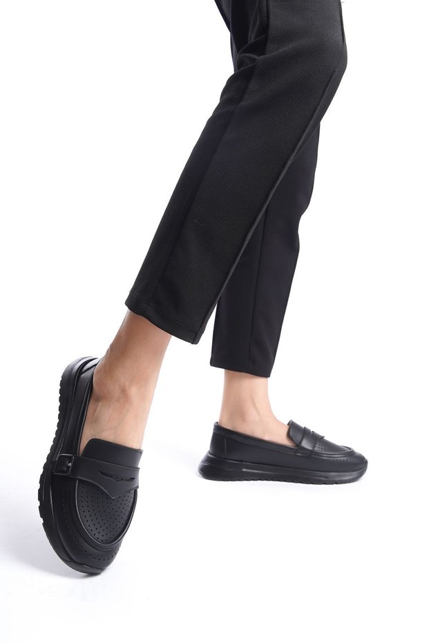 Black Leather Side Buckle Detailed Medium High Sole Casual Loafer Moccasin Women's Shoes