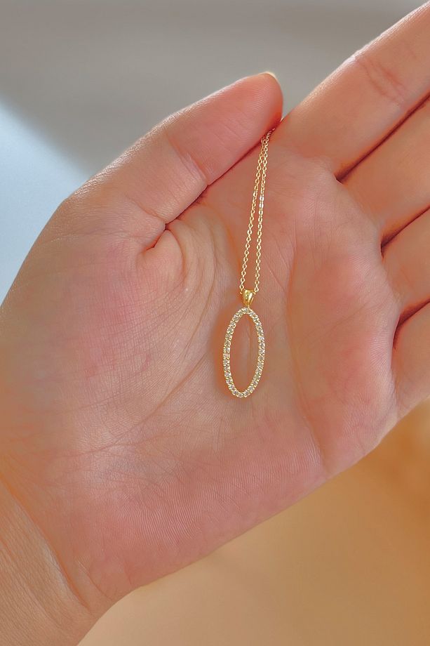 Minimal Rodyum Kaplama Zirkon Taşlı Oval Kolye - 2
