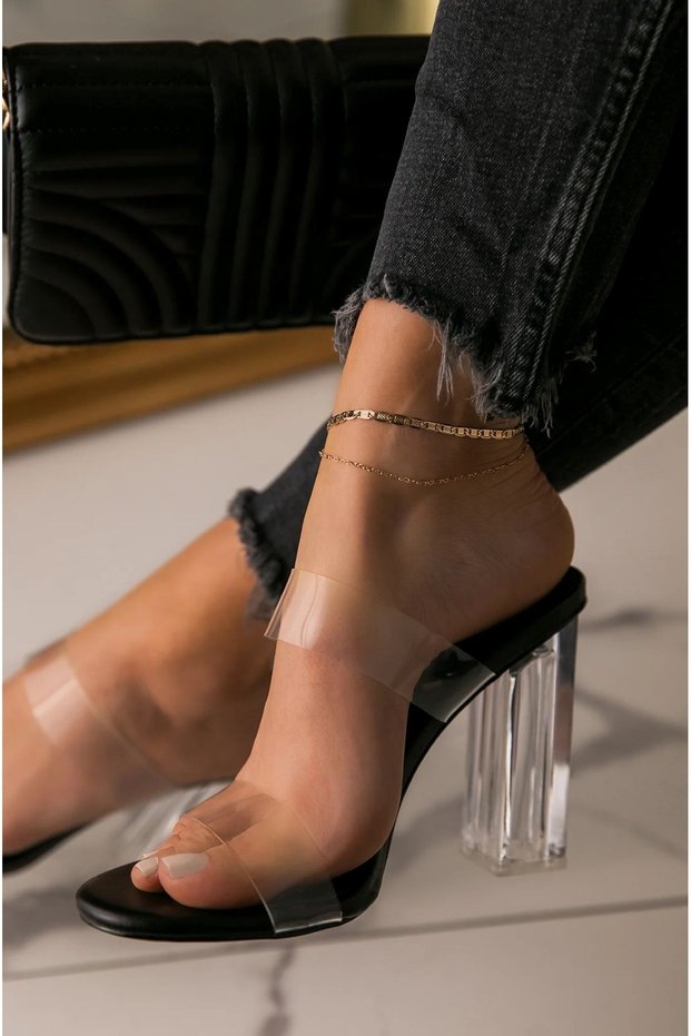Women's Black Transparent 10 cm Transparent Square Heeled Round Toe Stiletto Shoes Sandals Slippers