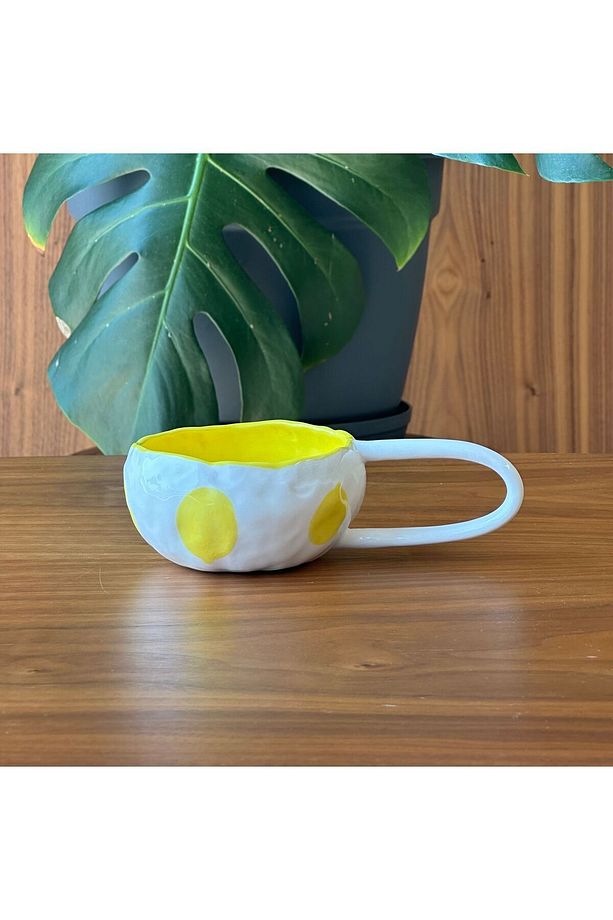 Stoneware Seramik El Yapımı Limon Desenli Sarı Fincan - 2