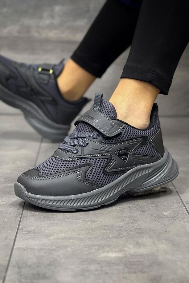 Çocuk Füme Siyah Tek Cırt Cırtlı Esnek Hafif Nefes Alabilen Unisex File Sneaker Spor Ayakkabı - 1