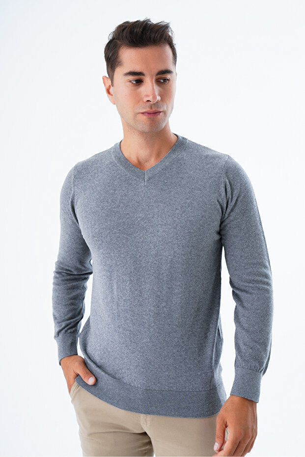 Dark Gray Men's Cotton V-Neck Knitwear Sweater