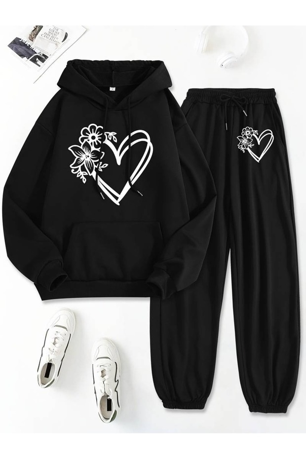 Women's Black Floral Heart Printed Hooded 3 Thread Sweat Jogger Set