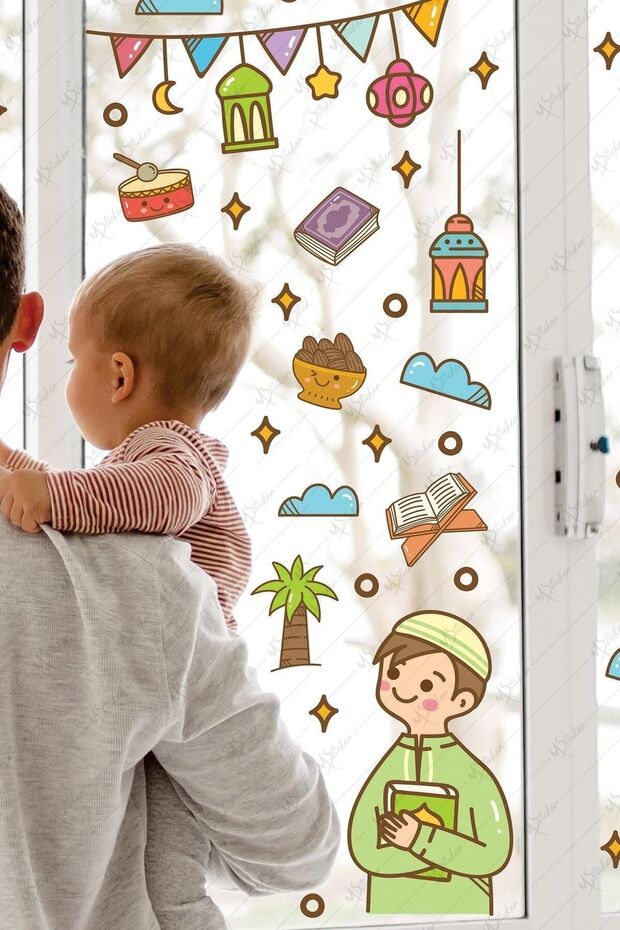 مجموعة ملصقات طاولة رمضان إيفتار للصلاة والكعبة تحت عنوان الدب الرمضاني، زينة رمضان