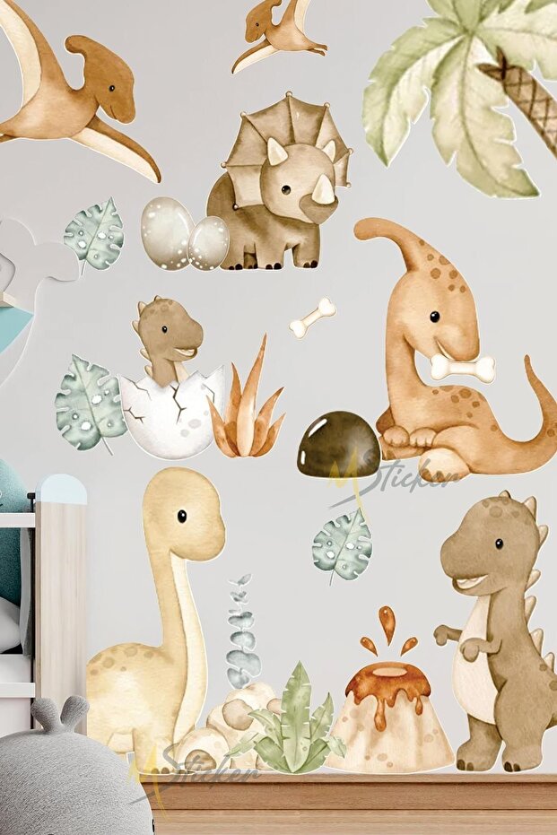Dinosaurs in Watercolor Shades Sticker Set, Dinosaur Themed Wall Glass Sticker Set