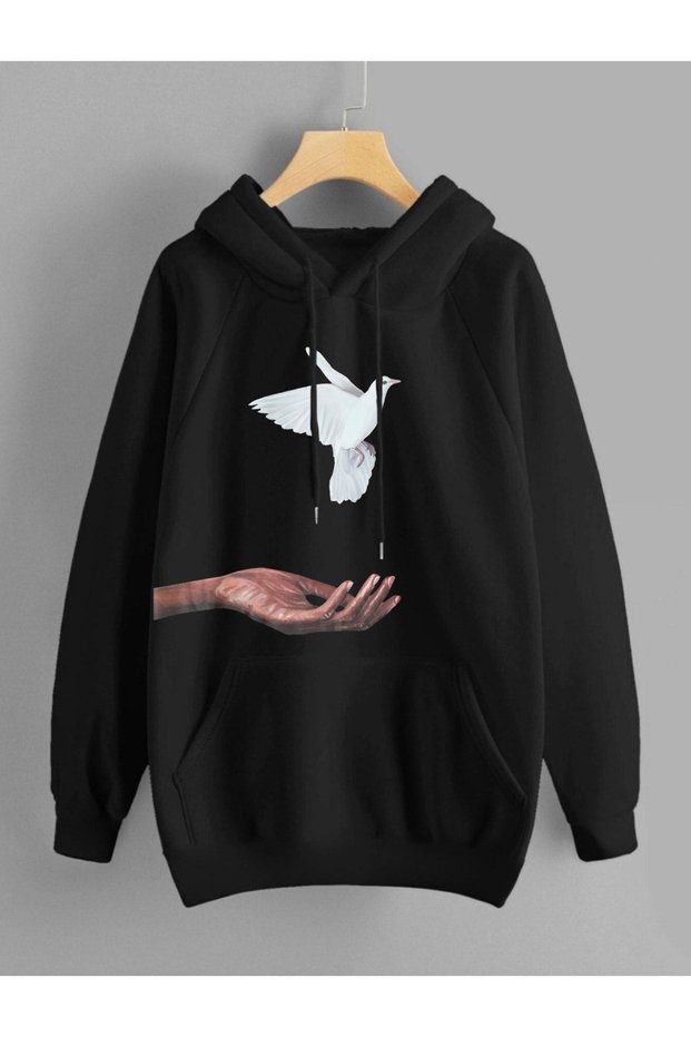 Unisex Black Hooded Sweatshirt Hand Pigeon Printed