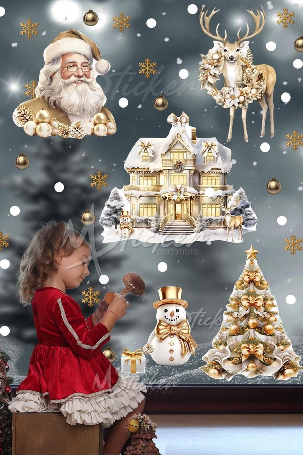 Gold Christmas Set, New Year New Year Winter Concept Christmas Ornament Sticker Set Santa Claus Trees Houses