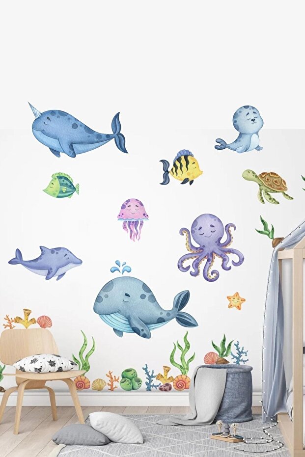 Educational Cute Sea Animals and Plants Sticker Set (Large Size) Ocean Animals Sticker