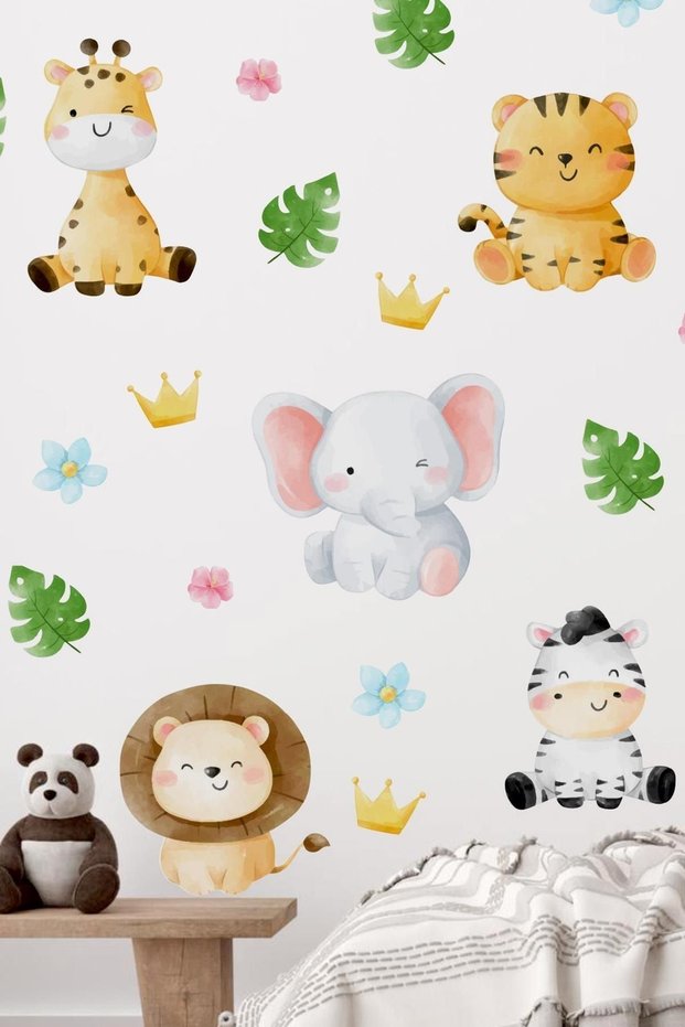 Safari Animals in Watercolor Colors Leaves and Flowers Wall Glass Cabinet Sticker Set