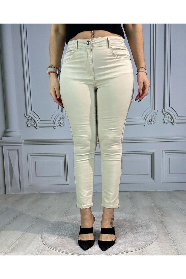 Bolınto Yanları Zıncırlı Yuksek Bel 5 Cep Lıkralı Dar Paca Pantolon - 4