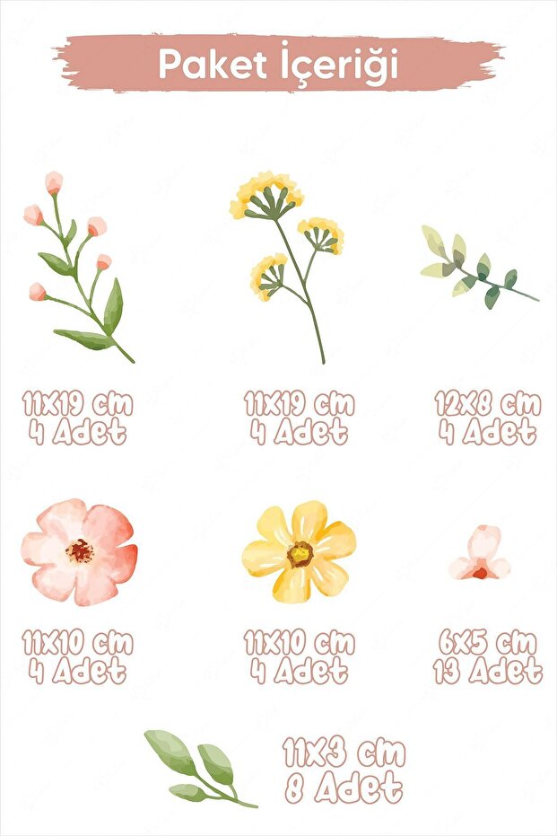 Soft Renklerde Çiçekler ve Yapraklar Duvar Cam Sticker Seti - 3