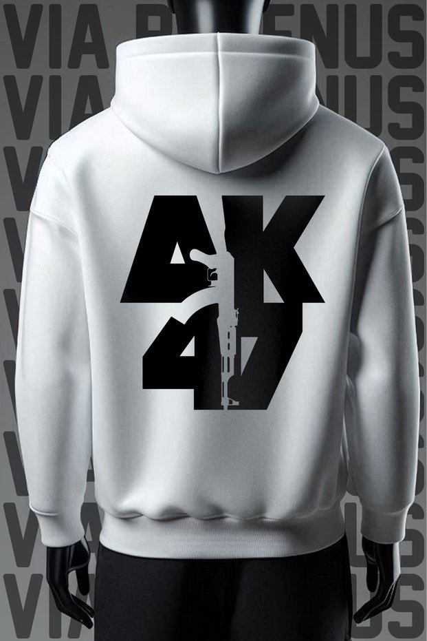 Ak47 Printed Kangaroo Pocket 3 Thread Threaded Wide Fit White Hooded Sweatshirt