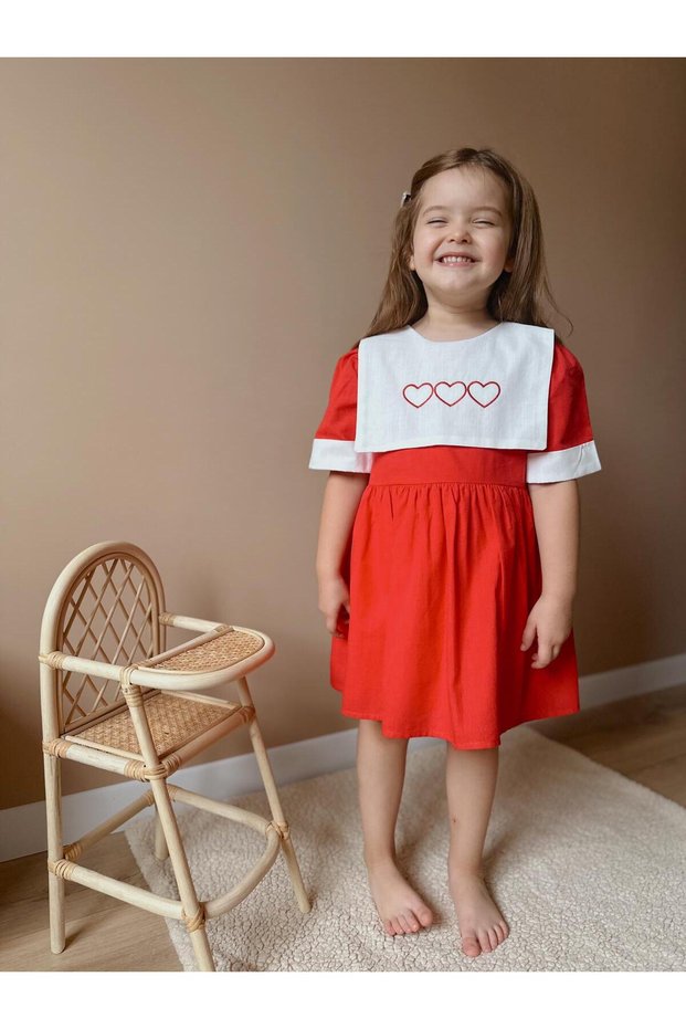 Red Dress with White Collar and Heart Detail, Holiday Dress