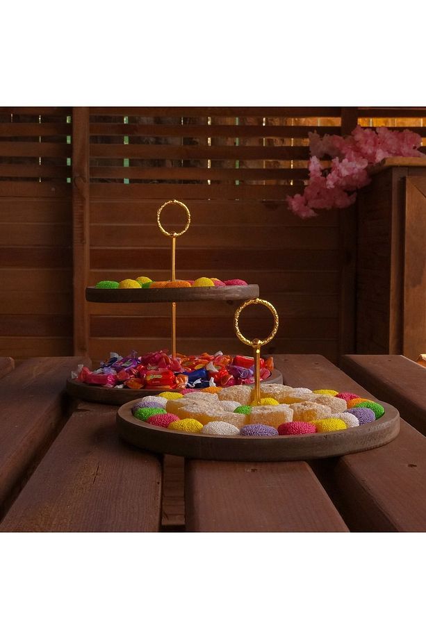 2 Katlı Ve Tek katlıYuvarlak Kulp Desenli Kulp Ahşap Kek Pasta Sunumluk Standı, Servis Sunum Tabağı - 3