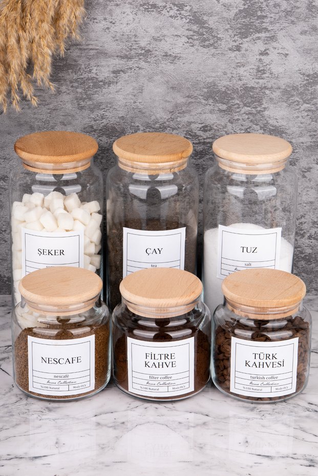 3-Pack of Glass Jars with Wooden Lids for 1300ml Tea/Sugar/Salt and 3-Pack of 500ml Filter Coffee/Turkish Coffee/Nescafe Jars