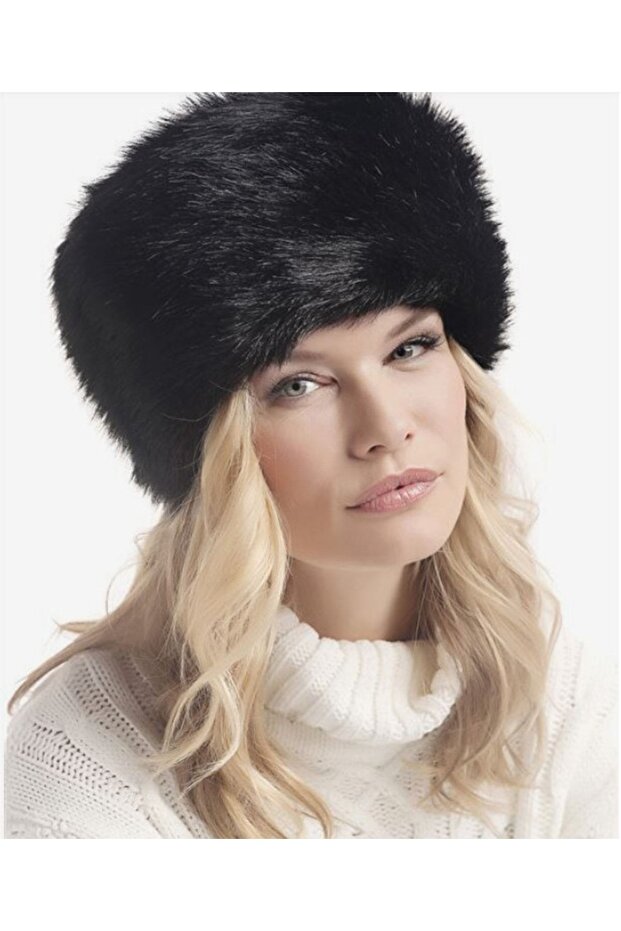 Women's Kalpak Fur Hat Faux Plush Fox Black Beret